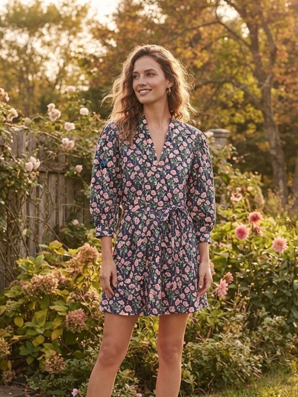 THML Navy Floral Mini Dress with Pink Rose Print